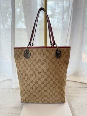 Authentic Gucci GG Canvas Eclipse Tote | Pink Leather Trim | Y2K Trend